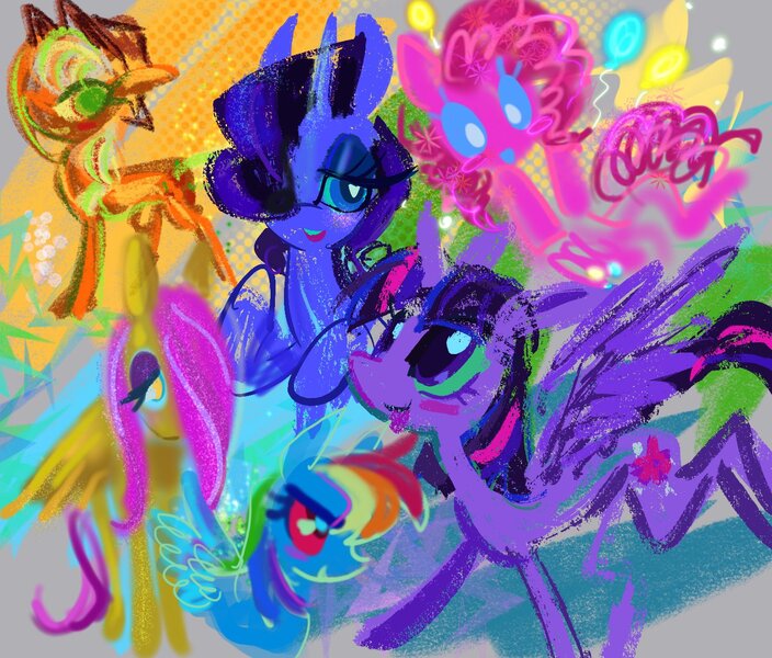 Size: 1476x1258 | Tagged: safe, artist:sandwichandeggs, derpibooru import, applejack, fluttershy, pinkie pie, rainbow dash, rarity, twilight sparkle, twilight sparkle (alicorn), alicorn, pegasus, pony, unicorn, abstract background, alternate color palette, alternate eye color, applejack's hat, balloon, big eyes, blue coat, blue sclera, blush sticker, blushing, bust, colored eyelashes, colored sclera, cowboy hat, drawn from memory, eye clipping through hair, eyeshadow, female, g4, green eyes, hair over one eye, hat, horn, image, jpeg, lidded eyes, lineless, long legs, long mane, long tail, looking up, makeup, mane six, mare, multicolored hair, multicolored mane, multicolored tail, narrowed eyes, no mouth, open mouth, open smile, orange coat, pink mane, pink sclera, pink tail, purple coat, purple eyes, purple mane, purple tail, rainbow hair, raised hoof, red eyes, smiling, spread wings, standing, stylized, tail, thin, wall of tags, wavy mane, white pupils, wide stance, wingding eyes, wings, yellow coat, yellow eyes, yellow sclera