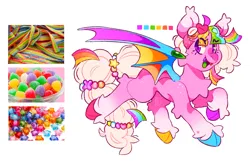 Size: 2048x1318 | Tagged: safe, artist:cocopudu, derpibooru import, oc, oc:jubilee gumdrop, unofficial characters only, bat pony, pony, bat pony oc, bat wings, candy, cloven hooves, colored wings, eye clipping through hair, eyebrows, eyebrows visible through hair, food, hooves, image, multicolored hooves, multicolored wings, open mouth, open smile, png, simple background, smiling, solo, unshorn fetlocks, white background, wings