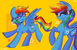 Size: 1856x1200 | Tagged: safe, artist:inzomniak, derpibooru import, rainbow dash, pegasus, pony, :>, female, folded wings, g4, image, looking at you, mare, png, raised hoof, signature, simple background, smiling, smiling at you, solo, spread wings, standing on two hooves, stars, sunglasses, unshorn fetlocks, wings, yellow background
