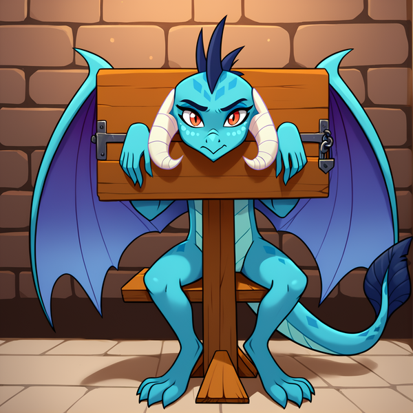 Size: 1400x1400 | Tagged: safe, ai content, derpibooru import, machine learning generated, princess ember, dragon, bondage, claws, feet, female, horns, image, png, sitting, solo, solo female, stocks, tail, wings