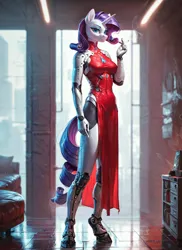 Size: 1024x1408 | Tagged: safe, ai content, derpibooru import, machine learning generated, prompter:star-dragon, stable diffusion, rarity, anthro, breasts, busty rarity, cigarette, clothes, cybernetic arm, cybernetic legs, cyberpunk, dress, female, g4, generator:pony diffusion v6 xl, image, png, smoke, smoking, solo