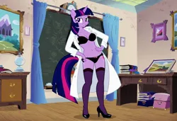 Size: 1216x832 | Tagged: suggestive, ai content, derpibooru import, machine learning generated, stable diffusion, twilight sparkle, alicorn, anthro, beckoning, black bra, black high heels, black panties, black stockings, black underwear, busty twilight sparkle, drawer, flirty, hands on hip, horny, image, inviting, jpeg, lab coat, museum, pinup, ready for action, seductive pose, sexy, smirk, solo, standing, storage room, stripping, undressing