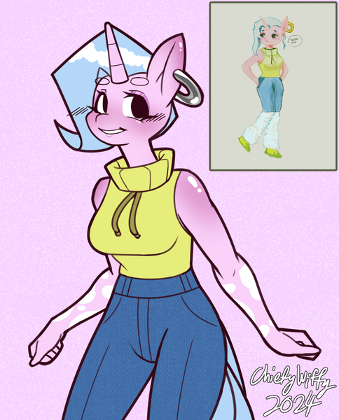 Size: 848x1052 | Tagged: safe, artist:chiefywiffy, derpibooru import, oc, oc:chiefy, unofficial characters only, anthro, unicorn, anthro oc, clothes, denim, ear piercing, female, horn, image, jeans, pants, piercing, png, simple background, sleeveless, sleeveless sweater, solo, sweater