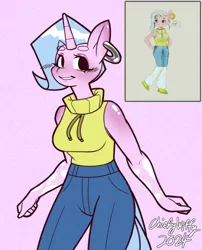 Size: 848x1052 | Tagged: safe, artist:chiefywiffy, derpibooru import, oc, oc:chiefy, unofficial characters only, anthro, unicorn, anthro oc, clothes, denim, ear piercing, female, horn, image, jeans, pants, piercing, png, simple background, sleeveless, sleeveless sweater, solo, sweater
