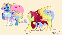 Size: 1280x721 | Tagged: safe, artist:sadelinav, derpibooru import, oc, unofficial characters only, pegasus, pony, blaze (coat marking), coat markings, colored wings, cousins, duo, duo female, facial markings, female, flower, flower in hair, flower in tail, grin, heterochromia, high res, image, jpeg, large wings, looking at you, magical lesbian spawn, mare, multicolored wings, offspring, one wing out, parent:applejack, parent:big macintosh, parent:fluttershy, parent:rainbow dash, parents:appledash, parents:fluttermac, pegasus oc, rainbow wings, raised hoof, simple background, smiling, smiling at you, smirk, tail, unshorn fetlocks, wings, yellow background