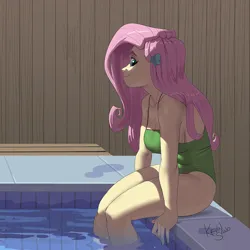 Size: 900x900 | Tagged: suggestive, artist:kevinsano, derpibooru import, fluttershy, human, equestria girls, breasts, busty fluttershy, cleavage, clothes, cropped, female, fence, g4, image, legs in the water, looking at you, one-piece swimsuit, partially submerged, png, sitting, smiling, smiling at you, solo, solo female, swimming pool, swimsuit, water