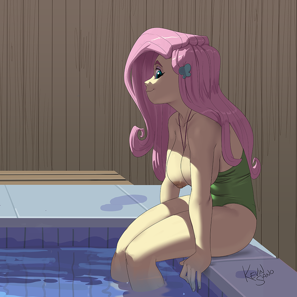Size: 900x900 | Tagged: questionable, alternate version, artist:kevinsano, derpibooru import, fluttershy, human, equestria girls, breasts, busty fluttershy, clothes, cropped, exposed breasts, female, fence, g4, image, legs in the water, looking at you, nipples, nudity, one-piece swimsuit, partial nudity, partial nudity version, partially submerged, png, sitting, smiling, smiling at you, solo, solo female, swimming pool, swimsuit, water