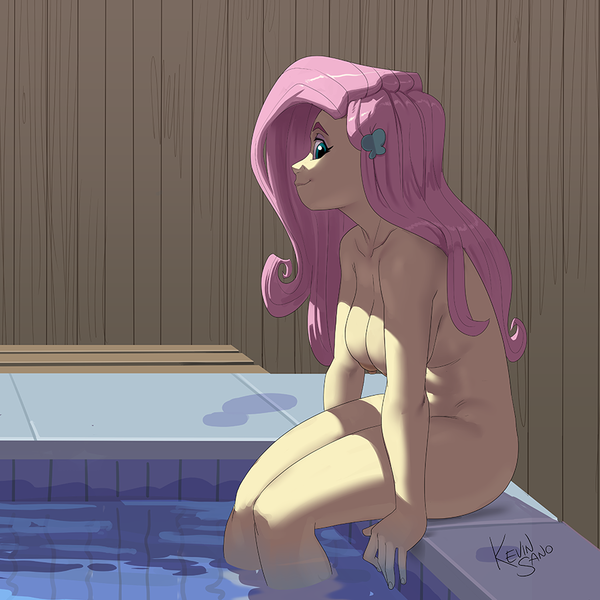 Size: 900x900 | Tagged: questionable, alternate version, artist:kevinsano, derpibooru import, fluttershy, human, equestria girls, breasts, busty fluttershy, casual nudity, clothes, complete nudity, cropped, female, fence, g4, image, legs in the water, looking at you, nipples, nude version, nudity, partially submerged, png, sitting, smiling, smiling at you, solo, solo female, swimming pool, water