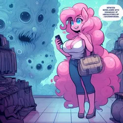 Size: 1024x1024 | Tagged: safe, ai content, derpibooru import, machine learning generated, pinkie pie, anthro, adorasexy, bag, big breasts, body horror, breasts, busty pinkie pie, cleavage, clothes, clothes rack, creature, creepy, curvy, cute, denim, eldritch abomination, eldritch horror, female, g4, handbag, high heels, horror, huge breasts, image, jeans, jpeg, mobile phone, monster, nightmare fuel, open mouth, pants, phone, prompter:horselover fat, sexy, shoes, shopping, smiling, solo, speech bubble, standing, surreal, tanktop, tight clothing, tiled floor, unreadable text, weird, white shirt