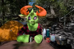Size: 1280x856 | Tagged: safe, artist:azuritecoin, artist:limeythecheetah, derpibooru import, thorax, changedling, changeling, clothes, cosplay, costume, fursuit, g4, image, irl, jpeg, king thorax, outdoors, photo, sitting, table