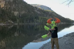 Size: 1280x856 | Tagged: safe, artist:azuritecoin, artist:limeythecheetah, derpibooru import, thorax, changedling, changeling, clothes, cosplay, costume, fursuit, g4, image, irl, jpeg, king thorax, lake, mountain, outdoors, photo, water