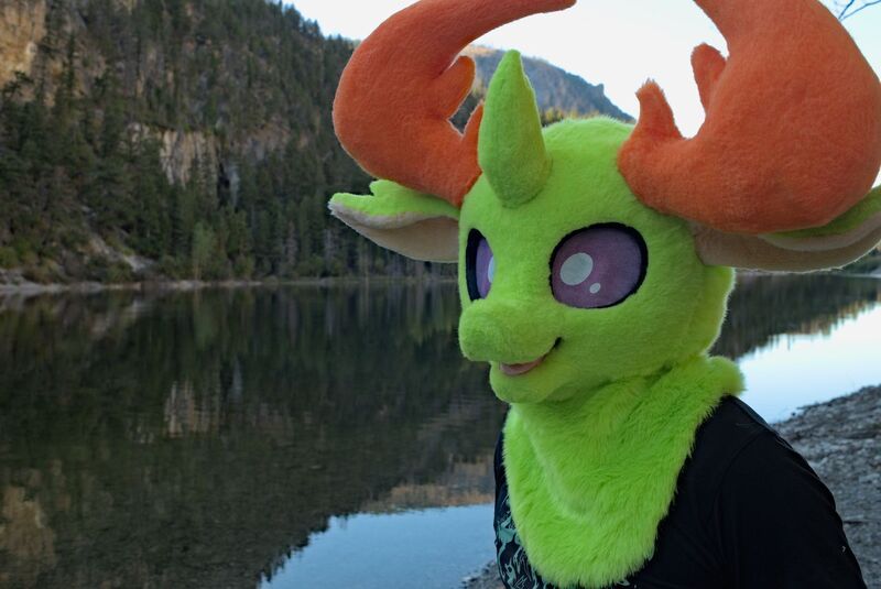 Size: 1280x856 | Tagged: safe, artist:azuritecoin, artist:limeythecheetah, derpibooru import, thorax, changedling, changeling, bust, clothes, cosplay, costume, fursuit, g4, image, irl, jpeg, king thorax, lake, mountain, outdoors, photo, portrait, water