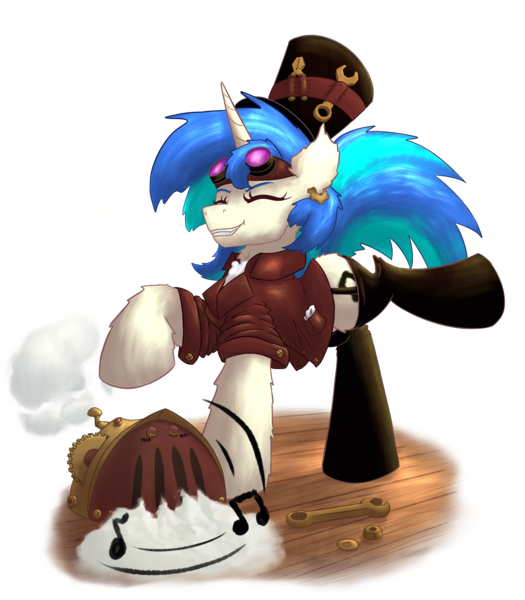Size: 1807x2065 | Tagged: safe, artist:gosha305, derpibooru import, vinyl scratch, pony, unicorn, boombox, cheek fluff, clothes, cog, dancing, ear piercing, earring, eyes closed, female, g4, goggles, goggles on head, grin, hat, horn, image, jewelry, mare, music, piercing, png, raised hoof, raised leg, simple background, smiling, socks, solo, steam, steampunk, top hat, transparent background, wrench