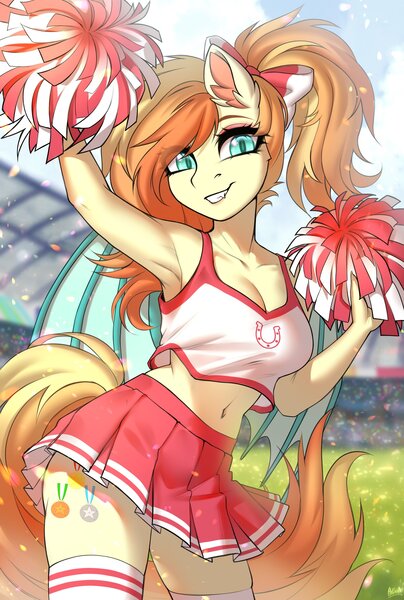 Size: 2500x3709 | Tagged: safe, artist:hakaina, derpibooru import, oc, oc:sunshine drift, unofficial characters only, anthro, bat pony, pony, bat eyes, belly button, bow, cheerleader, cheerleader outfit, clothes, ear fluff, fangs, female, hair bow, image, jpeg, mare, midriff, pom pom, skirt, smiling, socks, stadium