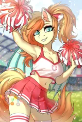 Size: 2500x3709 | Tagged: safe, artist:hakaina, derpibooru import, oc, oc:sunshine drift, unofficial characters only, anthro, bat pony, pony, bat eyes, belly button, bow, cheerleader, cheerleader outfit, clothes, ear fluff, fangs, female, hair bow, image, jpeg, mare, midriff, pom pom, skirt, smiling, socks, stadium