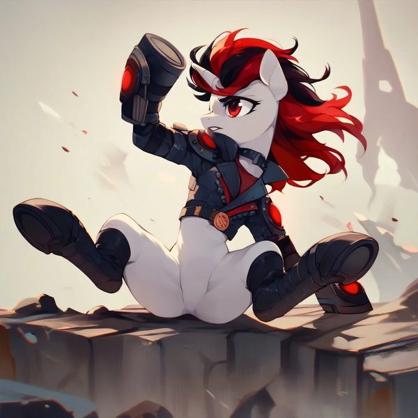 Size: 4096x4096 | Tagged: prompter needed, source needed, safe, ai content, derpibooru import, machine learning generated, stable diffusion, oc, oc:blackjack, fallout equestria, fallout equestria: project horizons, amputee, armor, bottomless, clothes, fanfic art, featureless crotch, generator:pony diffusion v6 xl, image, partial nudity, png, prosthetic leg, prosthetic limb, prosthetics, sitting, spread legs, spreading