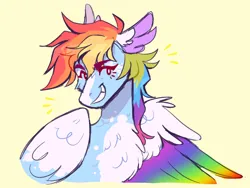 Size: 1600x1200 | Tagged: safe, artist:wanderingpegasus, derpibooru import, rainbow dash, pegasus, pony, chest fluff, g4, grin, image, png, simple background, smiling, solo, yellow background