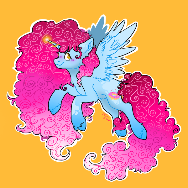 Size: 1979x1979 | Tagged: safe, artist:delfinaluther, derpibooru import, oc, unofficial characters only, alicorn, pony, alicorn oc, blue skin, curly hair, donut, female, flying, food, horn, image, magic, pink mane, png, ponysona, simple background, solo, wings, yellow background