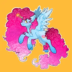 Size: 1979x1979 | Tagged: safe, artist:delfinaluther, derpibooru import, oc, unofficial characters only, alicorn, pony, alicorn oc, blue skin, curly hair, donut, female, flying, food, horn, image, magic, pink mane, png, ponysona, simple background, solo, wings, yellow background