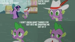Size: 2000x1125 | Tagged: safe, derpibooru import, edit, edited screencap, editor:quoterific, screencap, spike, twilight sparkle, secret of my excess, g4, image, png, ponyville, ponyville town hall
