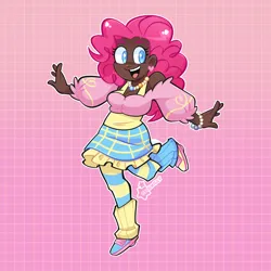Size: 3000x3000 | Tagged: safe, artist:3ggmilky, derpibooru import, pinkie pie, human, bracelet, clothes, converse, cute, dark skin, diapinkes, ear piercing, earring, female, humanized, image, jewelry, leg warmers, necklace, open mouth, piercing, png, shirt, shoes, skirt, socks, solo, stockings, striped socks, tanktop, thigh highs