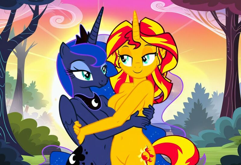 Size: 1216x832 | Tagged: questionable, ai content, machine learning generated, stable diffusion, princess luna, sunset shimmer, alicorn, anthro, unicorn, beckoning, bedroom eyes, busty princess luna, busty sunset shimmer, caress, dancing, embracing, everfree forest, exhibitionism, flirty, horny, image, in love, inviting, jpeg, lesbian couple, nudity, seductive pose, sexy, smiling, standing, sunset, symmetrical docking