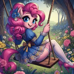 Size: 1024x1024 | Tagged: safe, ai content, derpibooru import, machine learning generated, prompter:glimmy-glam, pinkie pie, anthro, bow, clothes, corset, dress, flower, flower in hair, forest, generator:dall-e 3, grass, high heels, image, jpeg, looking at you, looking back, looking back at you, nature, puffy sleeves, rope, rose, shoes, skirt, smiling, smiling at you, socks, stiletto heels, stockings, swing, swinging, thick, thigh highs, thighs, tree, white stockings