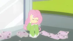Size: 1280x720 | Tagged: safe, derpibooru import, screencap, fluttershy, equestria girls, boots, clothes, crying, flashback, flyer, g4, head down, image, my little pony equestria girls, png, polka dot socks, portal to equestria, shoes, socks, statue
