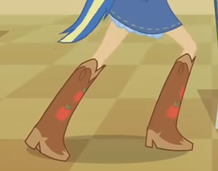 Size: 808x634 | Tagged: safe, derpibooru import, screencap, applejack, equestria girls, boots, boots shot, cafeteria, clothes, cowboy boots, cropped, g4, helping twilight win the crown, image, my little pony equestria girls, png, shoes, wondercolt tail