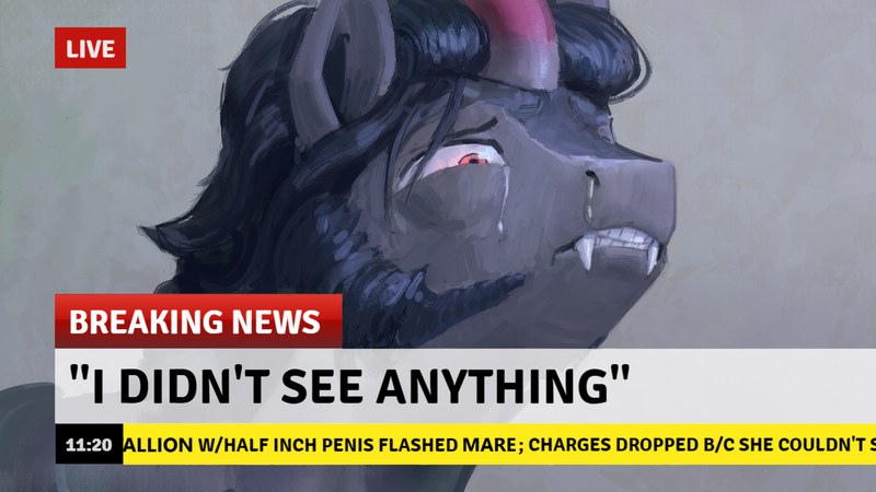 Size: 4280x2408 | Tagged: safe, artist:rhorse, king sombra, pony, unicorn, art pack:fun size 2, breaking news, crying, fangs, image, male, nudity, penis, png, sad, small penis, solo, stallion, text