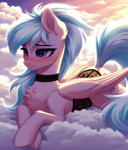 Size: 3429x4000 | Tagged: suggestive, ai content, derpibooru import, machine learning generated, prompter:midnightdashie, stable diffusion, cloudchaser, pegasus, pony, bed, blushing, chest fluff, choker, clothes, female, fluffy, g4, generator:pony diffusion v6 xl, high res, image, jpeg, lace underwear, lidded eyes, lingerie, shy, solo, solo female, teeth, underwear, wings