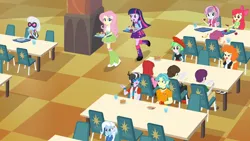 Size: 1280x720 | Tagged: safe, derpibooru import, screencap, apple bloom, fluttershy, golden hazel, photo finish, scootaloo, sweetie belle, trixie, twilight sparkle, watermelody, equestria girls, boots, cafeteria, clothes, cutie mark crusaders, food, g4, image, my little pony equestria girls, png, polka dot socks, shoes, tray