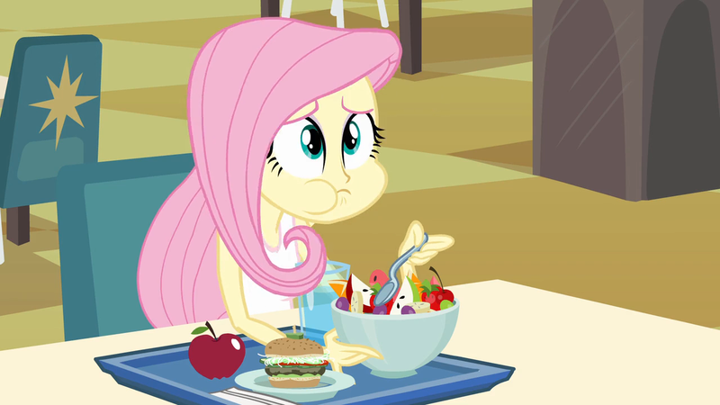 Size: 1280x720 | Tagged: safe, derpibooru import, screencap, fluttershy, equestria girls, apple, bowl, burger, cafeteria, confused, cute, eating, food, fruit bowl, g4, image, my little pony equestria girls, png, shyabetes, tray