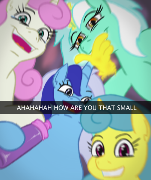 Size: 1079x1284 | Tagged: safe, artist:jargon scott, lemon hearts, lyra heartstrings, minuette, twinkleshine, pony, unicorn, art pack:fun size 2, crying, eyebrows, female, grin, hand, image, laughing, magic, magic hands, mare, nudity, penis, png, small penis, small penis humiliation, smiling, snapchat, tears of joy, water bottle