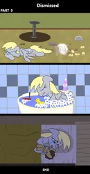 Size: 1920x3688 | Tagged: safe, artist:platinumdrop, derpibooru import, derpy hooves, doctor whooves, time turner, pegasus, pony, comic:dismissed, 3 panel comic, alone, alternate timeline, bad end, bag, bath, bathroom, bathtub, bed, bedroom, blanket, boat, bowl, bubble, bubble bath, claw foot bathtub, comic, commission, covering face, crying, cuddling, depressed, despair, destruction, distressed, egg, eyes closed, female, floppy ears, flour, folded wings, food, furniture, g4, heartbreak, hiding face, home, house, image, indoors, kitchen, lonely, lying down, mare, misery, muffin, muffin tray, on bed, onomatopoeia, open mouth, overhead view, plushie, png, prone, rubber duck, sad, sad pony, scrunchy face, sitting, sobbing, solo, sorrow, sound effects, suffering, table, tears of sadness, teary eyes, toy, toy boat, tray, wall of tags, water, wings, wings down, woe