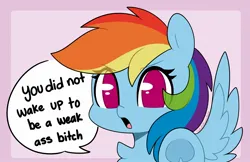 Size: 1942x1256 | Tagged: safe, artist:sakukitty, derpibooru import, rainbow dash, pegasus, pony, chest fluff, eye clipping through hair, eyebrows, eyebrows visible through hair, female, g4, image, jpeg, looking at you, mare, motivational, open mouth, signature, solo, speech bubble, spread wings, talking to viewer, underhoof, vulgar, wings