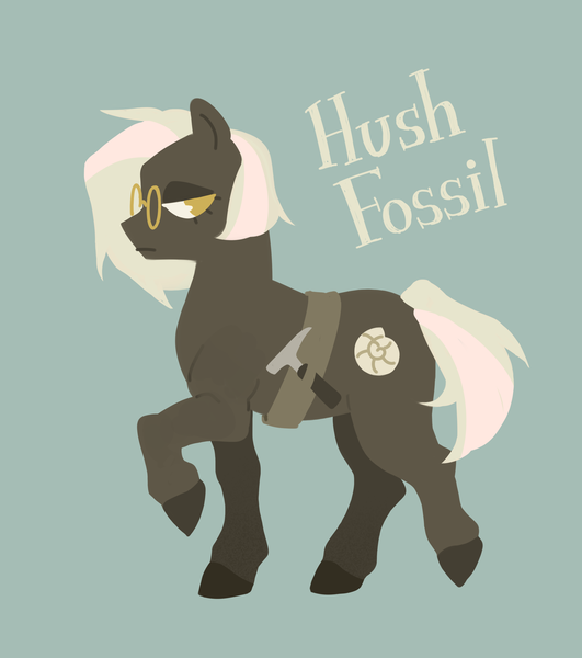 Size: 2384x2696 | Tagged: safe, artist:kuroikamome, derpibooru import, oc, oc:hush fossil, earth pony, pony, dark coat, fossil, frown, full body, glasses, gray coat, image, png, reference, short hair, solo, text, toolbelt, white mane, yellow eyes