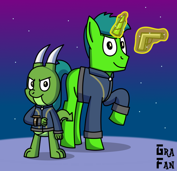 Size: 1610x1556 | Tagged: safe, artist:gradiusfanatic, derpibooru import, oc, oc:alan, oc:alex, unofficial characters only, dragon, unicorn, fallout equestria, horn, image, male, png