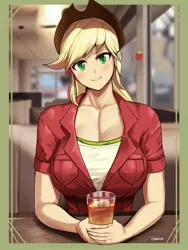 Size: 2010x2676 | Tagged: suggestive, artist:chigusa, derpibooru import, applejack, human, big breasts, breasts, busty applejack, cleavage, clothes, cowboy hat, cup, female, freckles, g4, hat, image, jpeg, looking at you, offscreen character, pov, smiling, smiling at you, solo, solo female, window