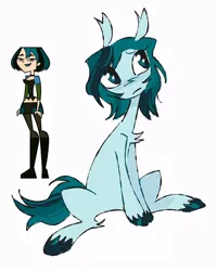Size: 640x800 | Tagged: safe, artist:webkinzworldz, derpibooru import, ponified, earth pony, pony, blue coat, blue eyes, blush scribble, blushing, chest fluff, ear tufts, eye clipping through hair, female, frown, gwen (total drama), image, jpeg, leg fluff, long legs, mare, shiny hooves, simple background, sitting, solo, tail, teal eyes, thin, total drama, total drama island, two toned mane, two toned tail, white background, wingding eyes