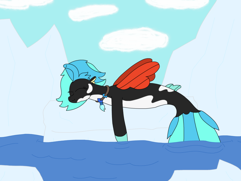 Size: 3264x2448 | Tagged: safe, artist:supahdonarudo, derpibooru import, oc, oc:icebeak, unofficial characters only, seapony (g4), cloud, ice, image, jewelry, lying down, necklace, ocean, png, prone, sleeping, water