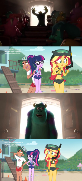 Size: 1360x2996 | Tagged: safe, derpibooru import, editor:incredibubbleirishguy, sci-twi, timber spruce, twilight sparkle, equestria girls, equestria girls series, unsolved selfie mysteries, disappointed, female, image, james p. sullivan, male, monsters inc., monsters university, png, scared, sci-twi swimsuit, shipping, straight, sunset shimmer swimsuit, sunset shimmer's beach shorts swimsuit, timbertwi