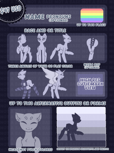 Size: 5000x6700 | Tagged: safe, artist:minty--fresh, derpibooru import, alicorn, pony, bust, chest fluff, clothes, commission, full body, image, lgbt flag, obtrusive watermark, png, portrait, reference sheet, silhouette, size comparison, socks, striped socks, watermark, ych example, your character here