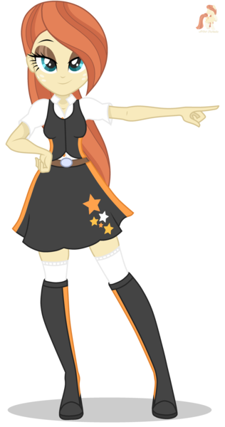 Size: 2635x5000 | Tagged: safe, artist:r4hucksake, derpibooru import, oc, oc:frazzle, unofficial characters only, equestria girls, base used, blouse, clothes, female, g4, image, looking at you, png, pointing, simple background, skirt, socks, solo, solo female, thigh highs, transparent background, waistcoat