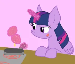Size: 822x705 | Tagged: safe, artist:cmara, derpibooru import, twilight sparkle, twilight sparkle (alicorn), alicorn, pony, cooking, counter, female, food, g4, glow, glowing horn, horn, image, kitchen counter, magic, magic aura, mare, png, solo, stove, telekinesis, tongue out