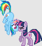 Size: 138x152 | Tagged: safe, derpibooru import, rainbow dash, twilight sparkle, pegasus, pony, unicorn, derpibooru, twibooru, april fools 2024, duo, female, horn, image, juxtaposition, kissing, lesbian, mare, meta, pixel art, png, shipping, twidash