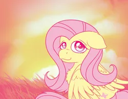 Size: 1348x1048 | Tagged: safe, artist:bluemoon, derpibooru import, fluttershy, pegasus, pony, background, chest fluff, floppy ears, grass, image, looking at you, outdoors, pastel, png, sky, smiling, smiling at you, solo, sunset, three quarter view, wings