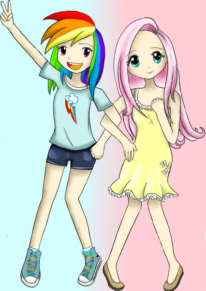 Size: 1243x1750 | Tagged: safe, artist:ast-r, derpibooru import, fluttershy, rainbow dash, human, 2011, cute, dashabetes, female, flutterdash, gradient background, humanized, image, lesbian, old art, png, shipping, shyabetes