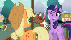 Size: 480x270 | Tagged: safe, derpibooru import, edit, edited screencap, screencap, applejack, twilight sparkle, winona, pony, unicorn, may the best pet win, season 2, cute, face licking, g4, horn, image, laughing, licking, open mouth, png, tongue out