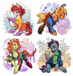 Size: 1160x1200 | Tagged: safe, artist:xamag, derpibooru import, ponified, bird, chicken, earth pony, pony, book, clothes, dress, drink, ear piercing, electric guitar, female, flower, flower in hair, guitar, hoodie, image, jpeg, leah (stardew valley), looking at you, male, musical instrument, paint, paintbrush, penny (stardew valley), piercing, reading, sam (stardew valley), shane (stardew valley), shirt, shoes, skirt, smiling, smiling at you, socks, soda can, stardew valley